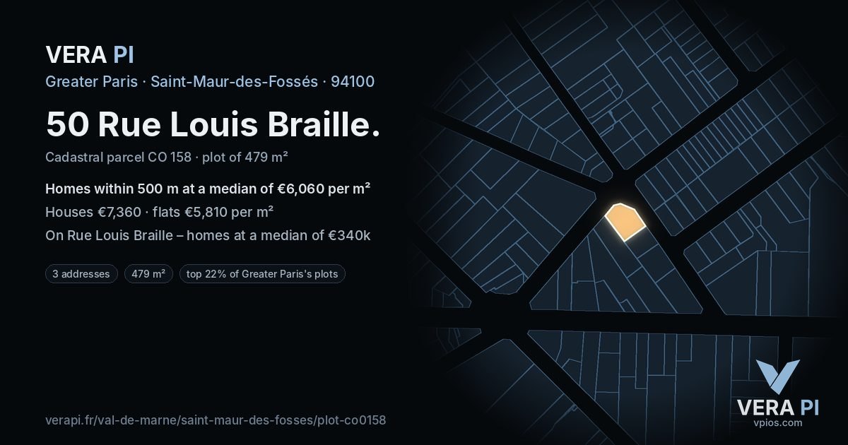 50 Rue Louis Braille, Saint-Maur-des-Fossés at night – the plot lit, the parcels around coloured by the prices near them