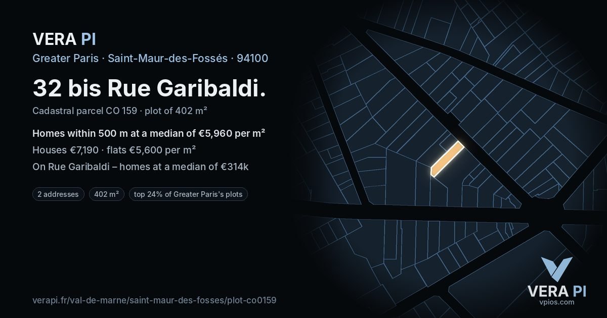 32 bis Rue Garibaldi, Saint-Maur-des-Fossés at night – the plot lit, the parcels around coloured by the prices near them