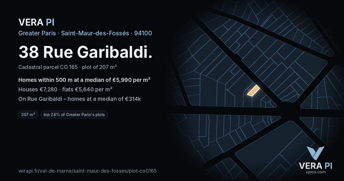38 Rue Garibaldi, Saint-Maur-des-Fossés at night – the plot lit, the parcels around coloured by the prices near them