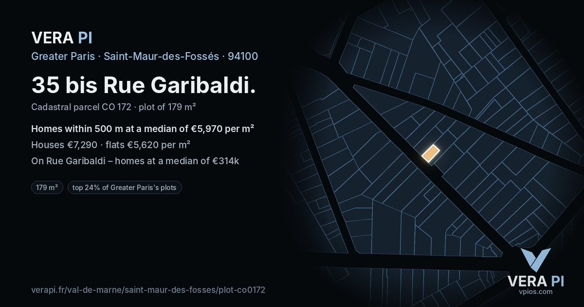 35 bis Rue Garibaldi, Saint-Maur-des-Fossés at night – the plot lit, the parcels around coloured by the prices near them
