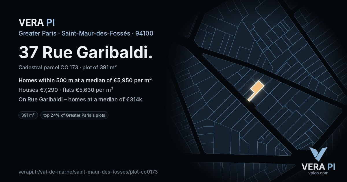37 Rue Garibaldi, Saint-Maur-des-Fossés at night – the plot lit, the parcels around coloured by the prices near them