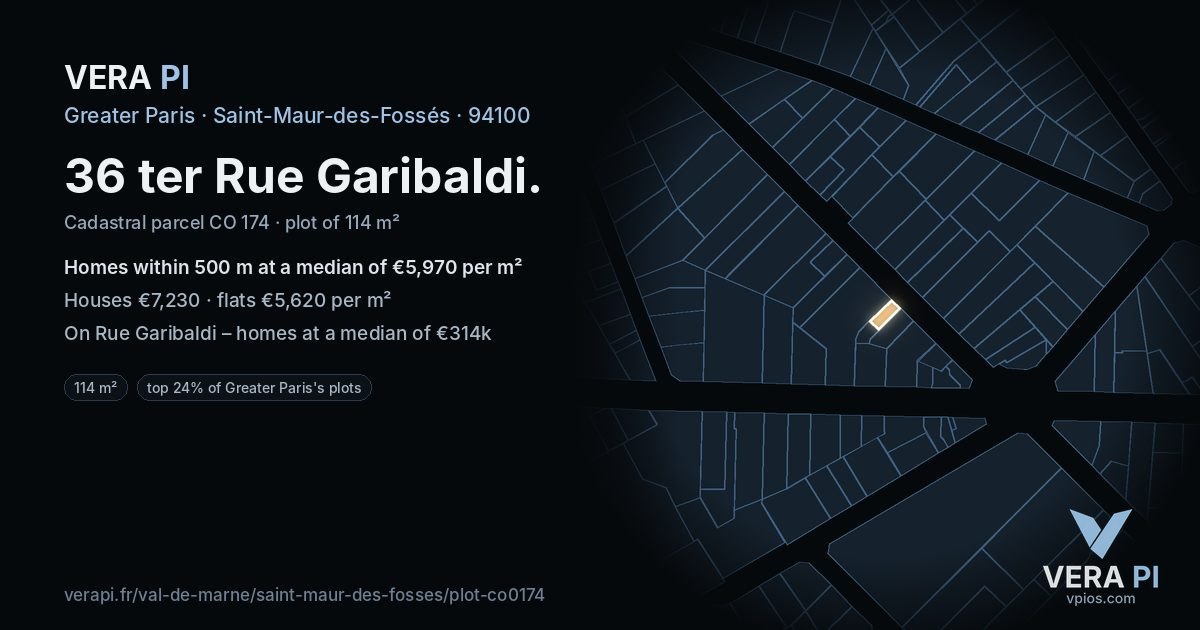 36 ter Rue Garibaldi, Saint-Maur-des-Fossés at night – the plot lit, the parcels around coloured by the prices near them