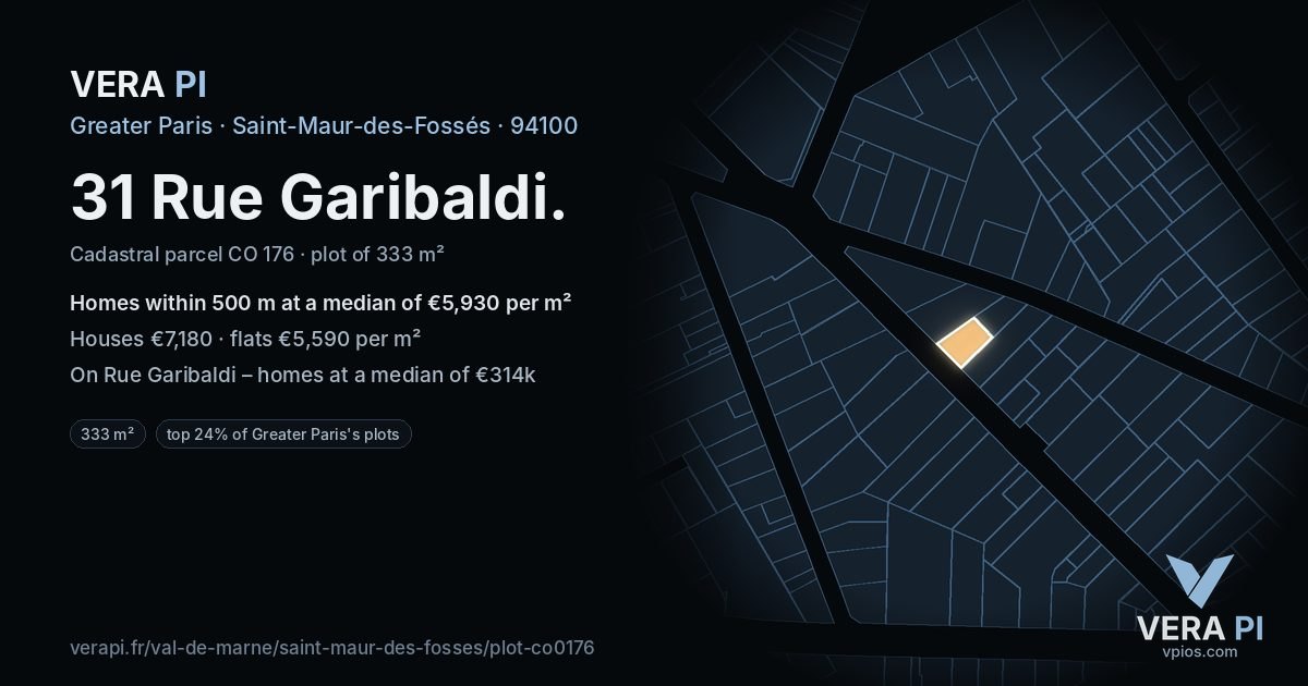 31 Rue Garibaldi, Saint-Maur-des-Fossés at night – the plot lit, the parcels around coloured by the prices near them