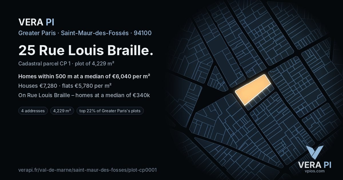 25 Rue Louis Braille, Saint-Maur-des-Fossés at night – the plot lit, the parcels around coloured by the prices near them