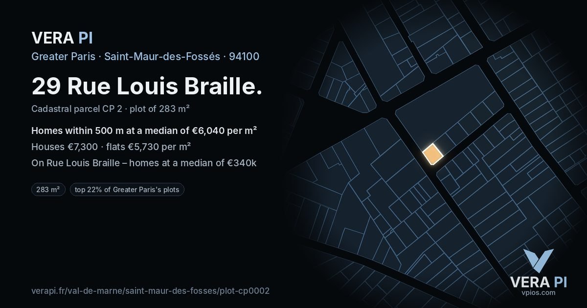 29 Rue Louis Braille, Saint-Maur-des-Fossés at night – the plot lit, the parcels around coloured by the prices near them