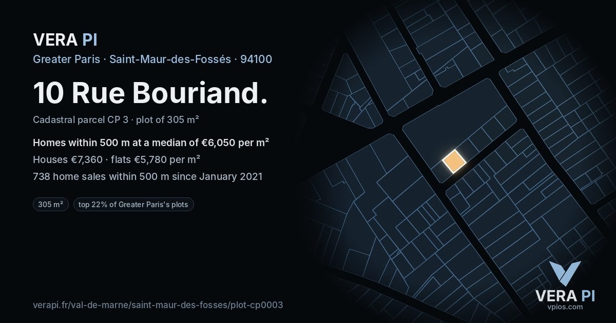 10 Rue Bouriand, Saint-Maur-des-Fossés at night – the plot lit, the parcels around coloured by the prices near them