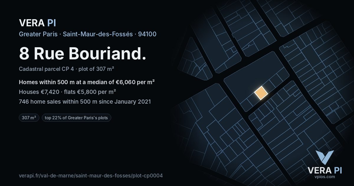 8 Rue Bouriand, Saint-Maur-des-Fossés at night – the plot lit, the parcels around coloured by the prices near them