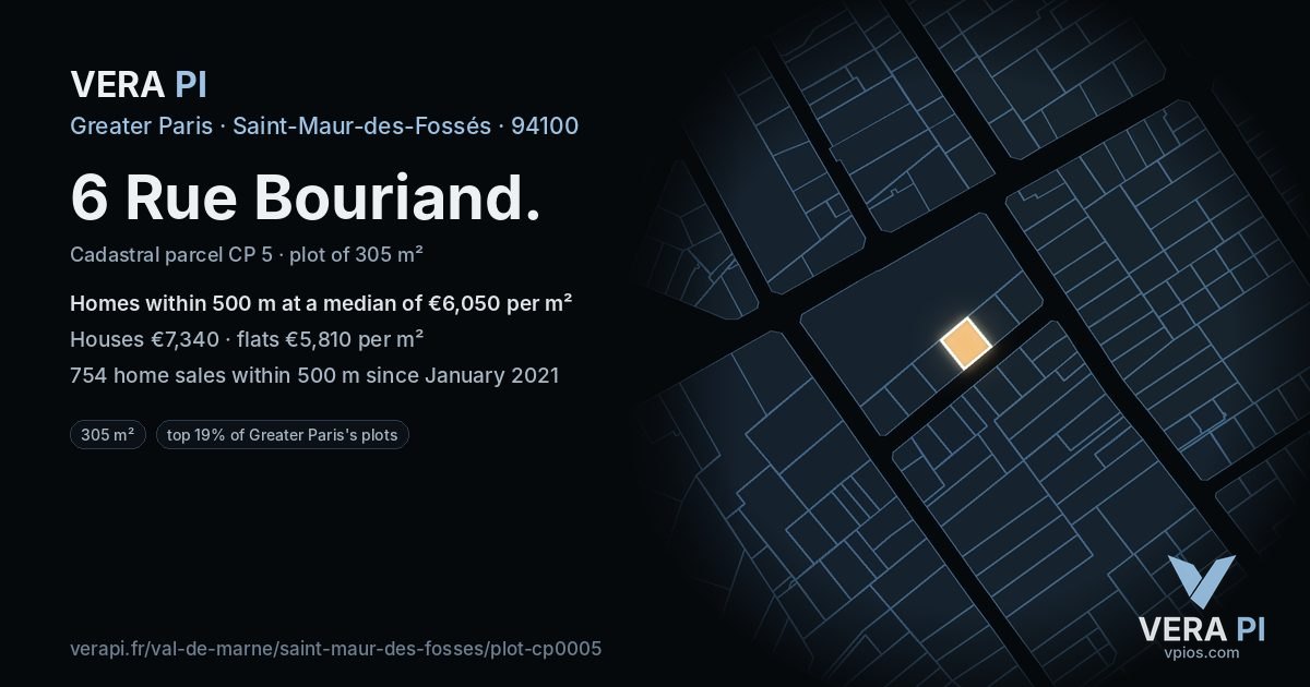 6 Rue Bouriand, Saint-Maur-des-Fossés at night – the plot lit, the parcels around coloured by the prices near them