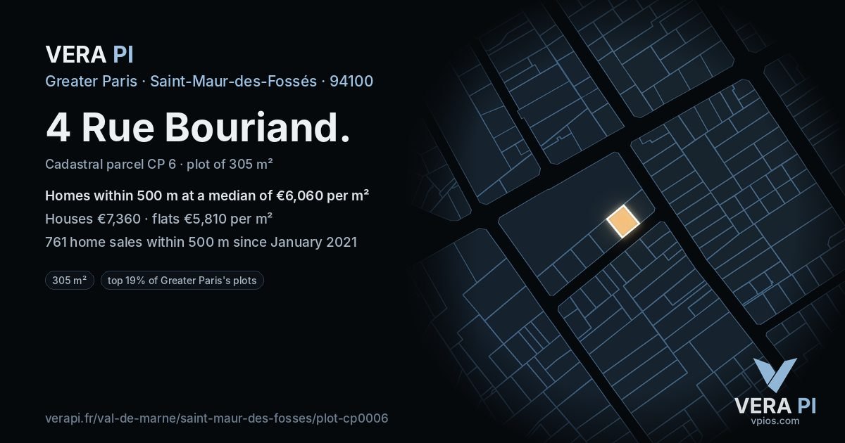 4 Rue Bouriand, Saint-Maur-des-Fossés at night – the plot lit, the parcels around coloured by the prices near them