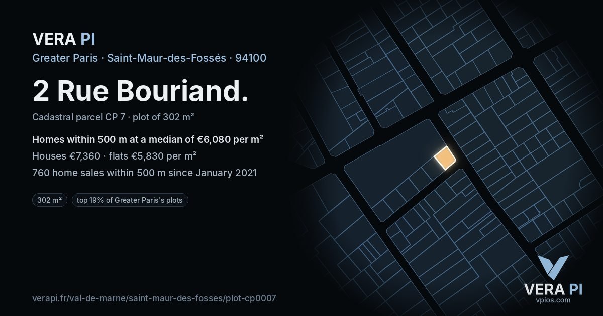 2 Rue Bouriand, Saint-Maur-des-Fossés at night – the plot lit, the parcels around coloured by the prices near them