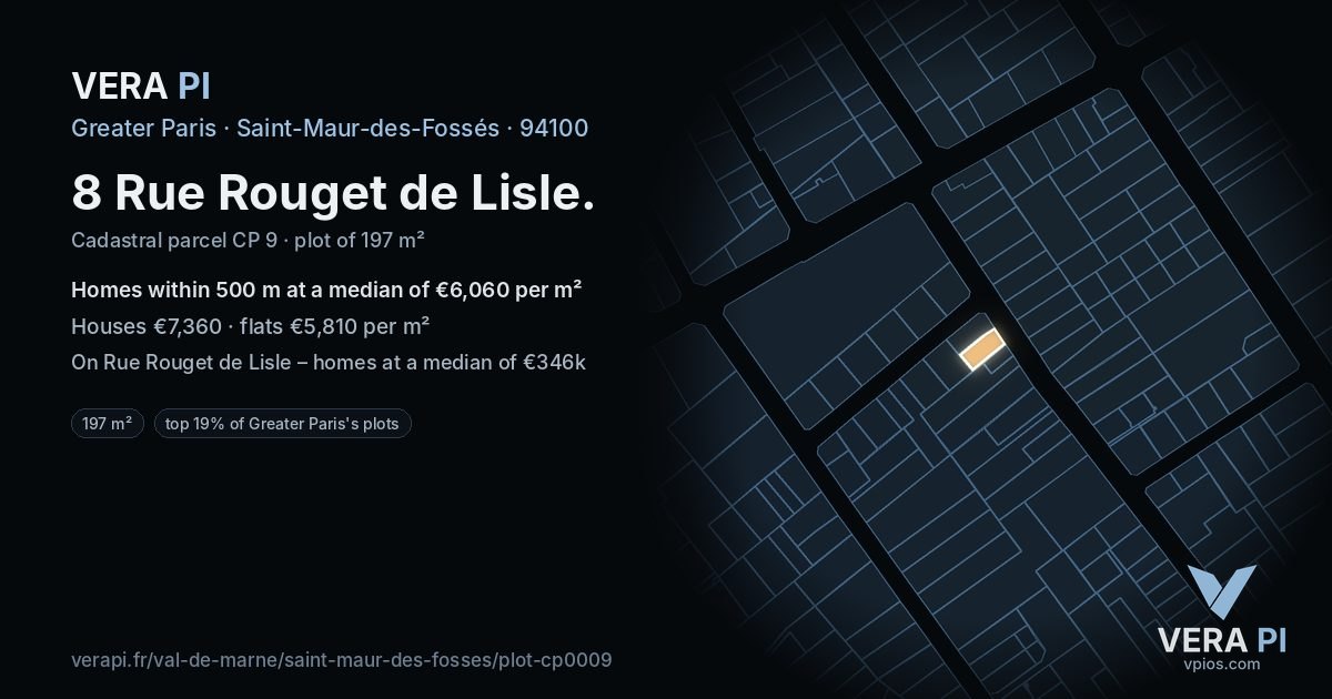 8 Rue Rouget de Lisle, Saint-Maur-des-Fossés at night – the plot lit, the parcels around coloured by the prices near them