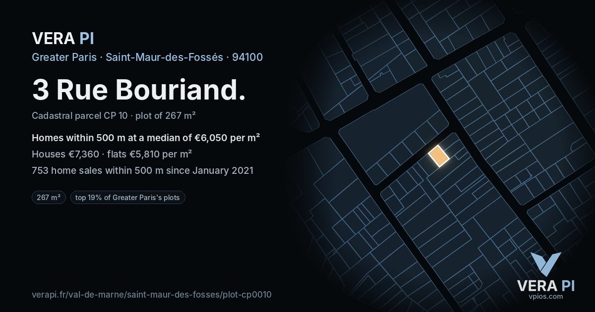 3 Rue Bouriand, Saint-Maur-des-Fossés at night – the plot lit, the parcels around coloured by the prices near them