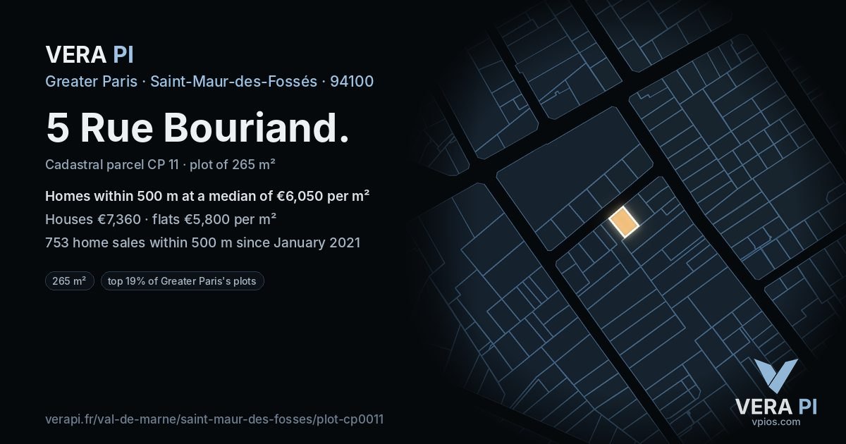 5 Rue Bouriand, Saint-Maur-des-Fossés at night – the plot lit, the parcels around coloured by the prices near them