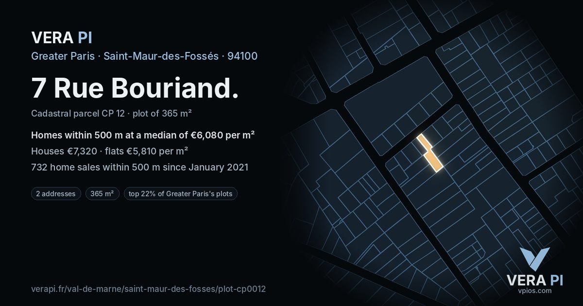 7 Rue Bouriand, Saint-Maur-des-Fossés at night – the plot lit, the parcels around coloured by the prices near them