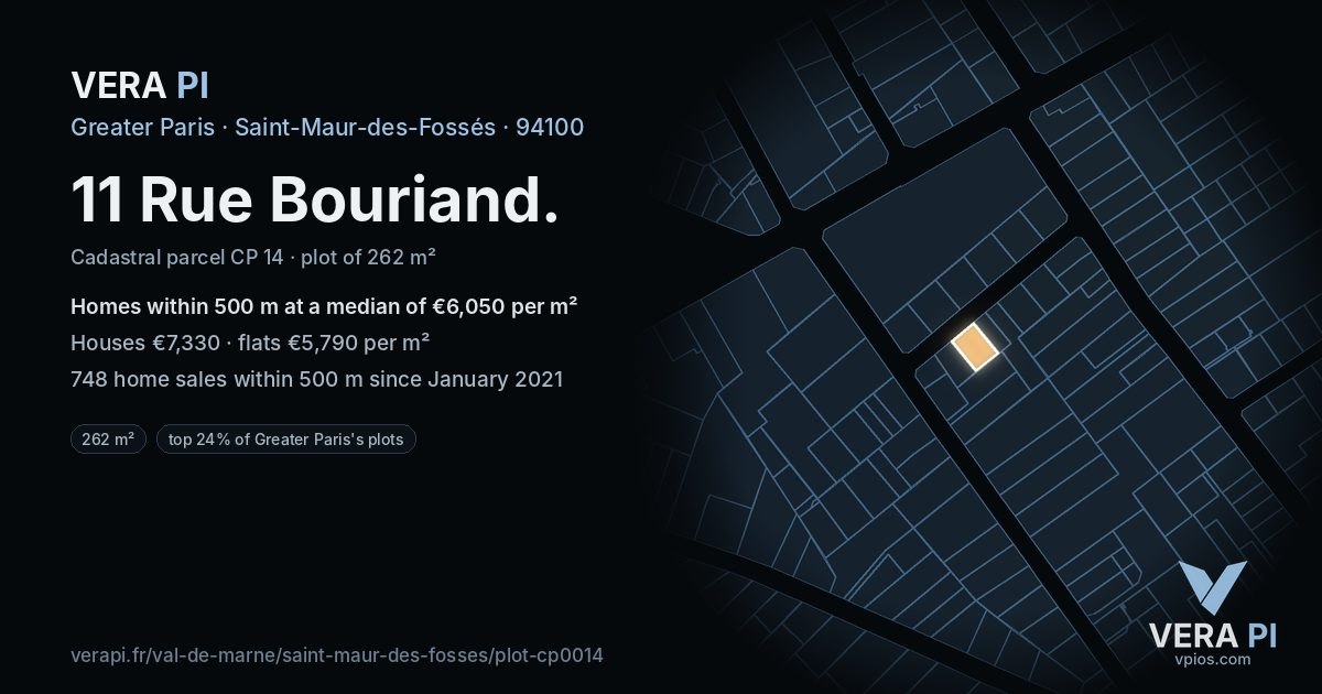 11 Rue Bouriand, Saint-Maur-des-Fossés at night – the plot lit, the parcels around coloured by the prices near them