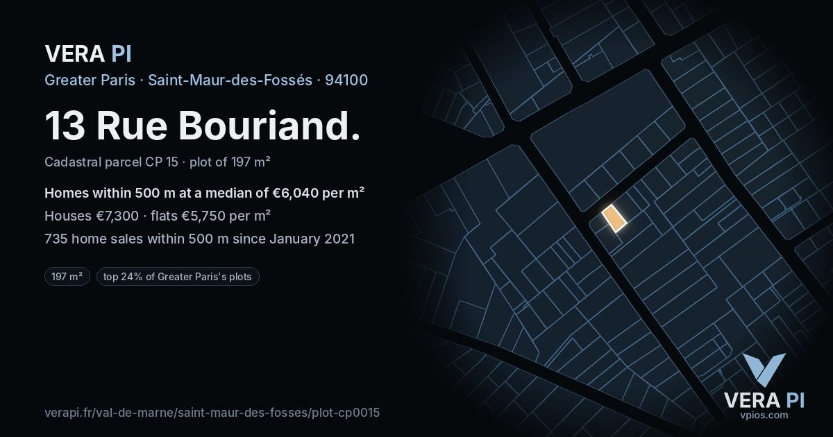 13 Rue Bouriand, Saint-Maur-des-Fossés at night – the plot lit, the parcels around coloured by the prices near them