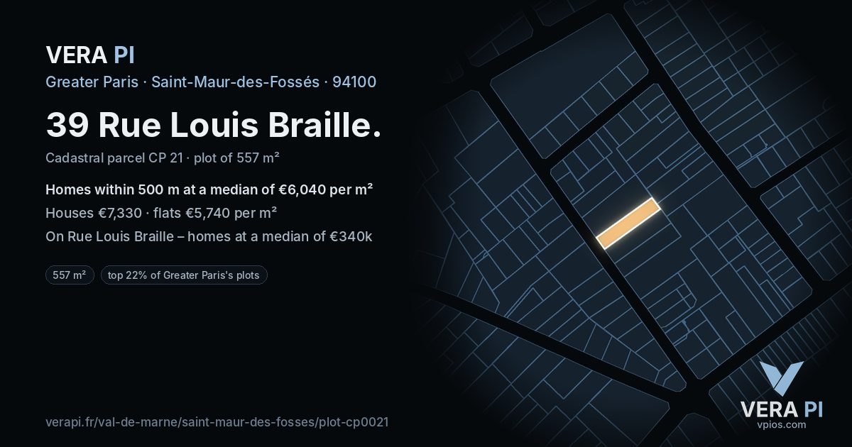 39 Rue Louis Braille, Saint-Maur-des-Fossés at night – the plot lit, the parcels around coloured by the prices near them