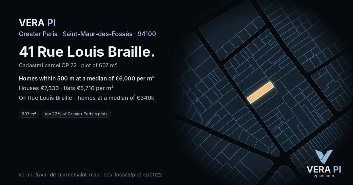 41 Rue Louis Braille, Saint-Maur-des-Fossés at night – the plot lit, the parcels around coloured by the prices near them