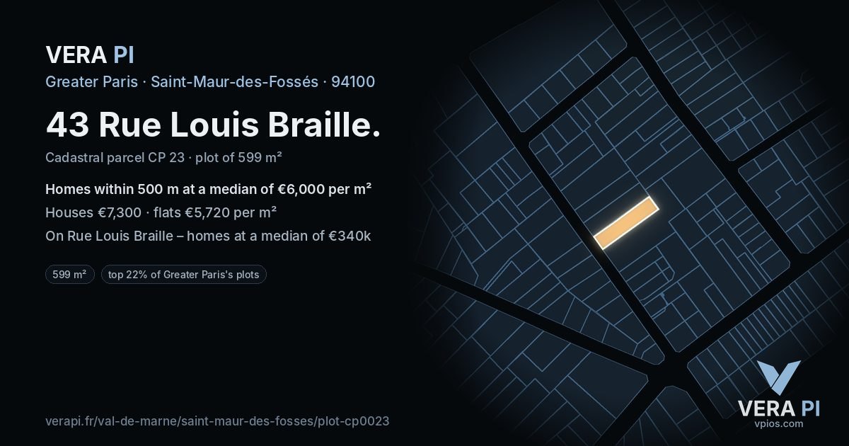 43 Rue Louis Braille, Saint-Maur-des-Fossés at night – the plot lit, the parcels around coloured by the prices near them