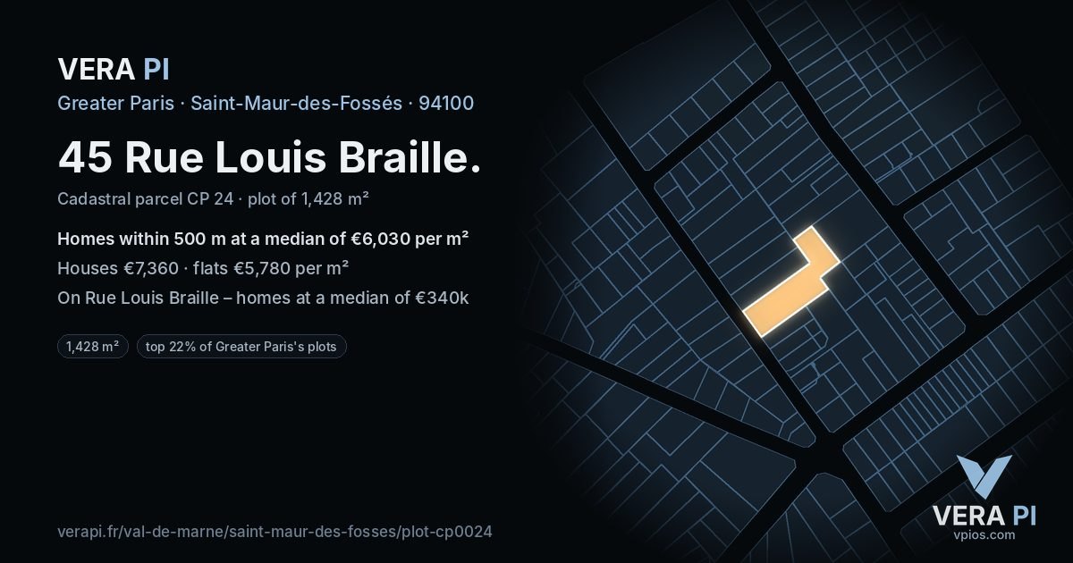 45 Rue Louis Braille, Saint-Maur-des-Fossés at night – the plot lit, the parcels around coloured by the prices near them