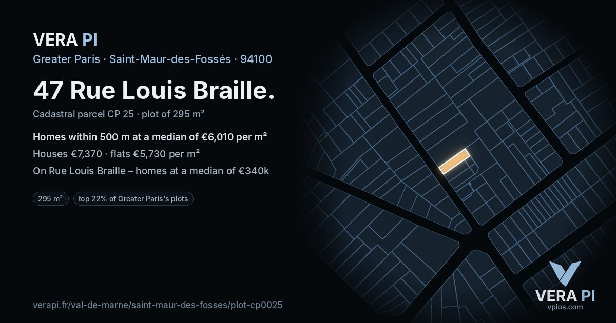 47 Rue Louis Braille, Saint-Maur-des-Fossés at night – the plot lit, the parcels around coloured by the prices near them