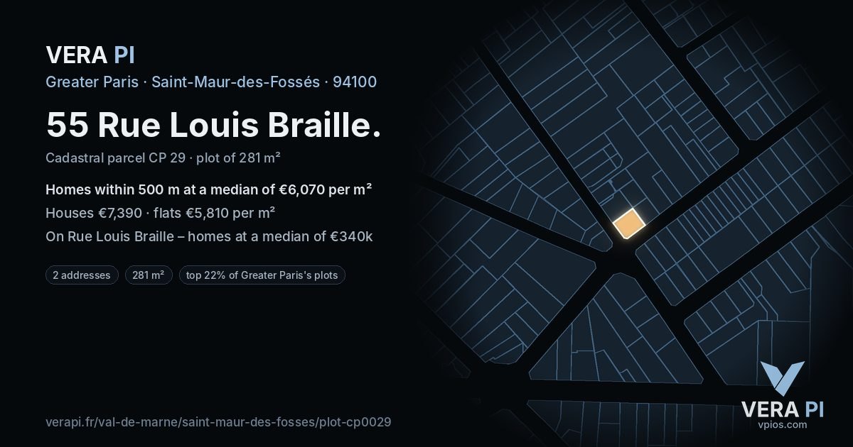 55 Rue Louis Braille, Saint-Maur-des-Fossés at night – the plot lit, the parcels around coloured by the prices near them