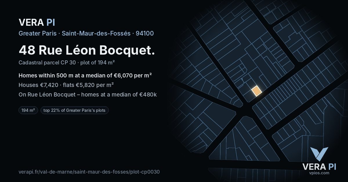 48 Rue Léon Bocquet, Saint-Maur-des-Fossés at night – the plot lit, the parcels around coloured by the prices near them
