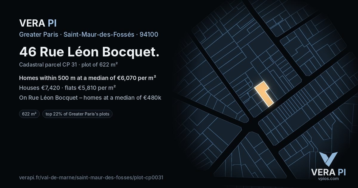 46 Rue Léon Bocquet, Saint-Maur-des-Fossés at night – the plot lit, the parcels around coloured by the prices near them