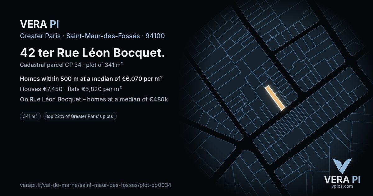 42 ter Rue Léon Bocquet, Saint-Maur-des-Fossés at night – the plot lit, the parcels around coloured by the prices near them