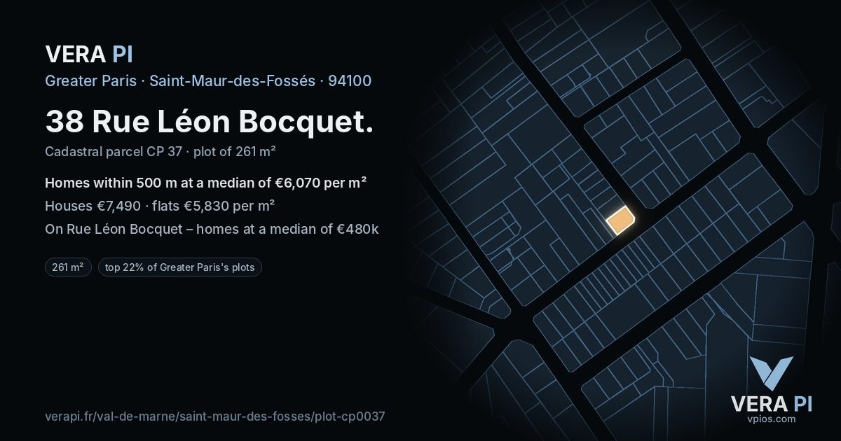 38 Rue Léon Bocquet, Saint-Maur-des-Fossés at night – the plot lit, the parcels around coloured by the prices near them