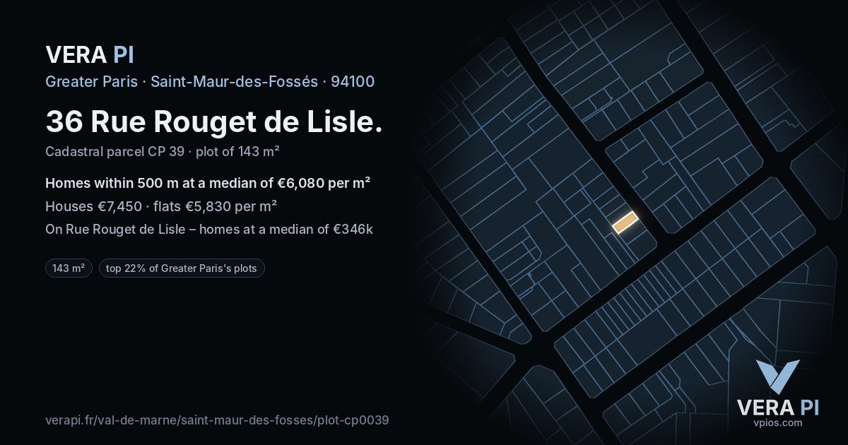 36 Rue Rouget de Lisle, Saint-Maur-des-Fossés at night – the plot lit, the parcels around coloured by the prices near them