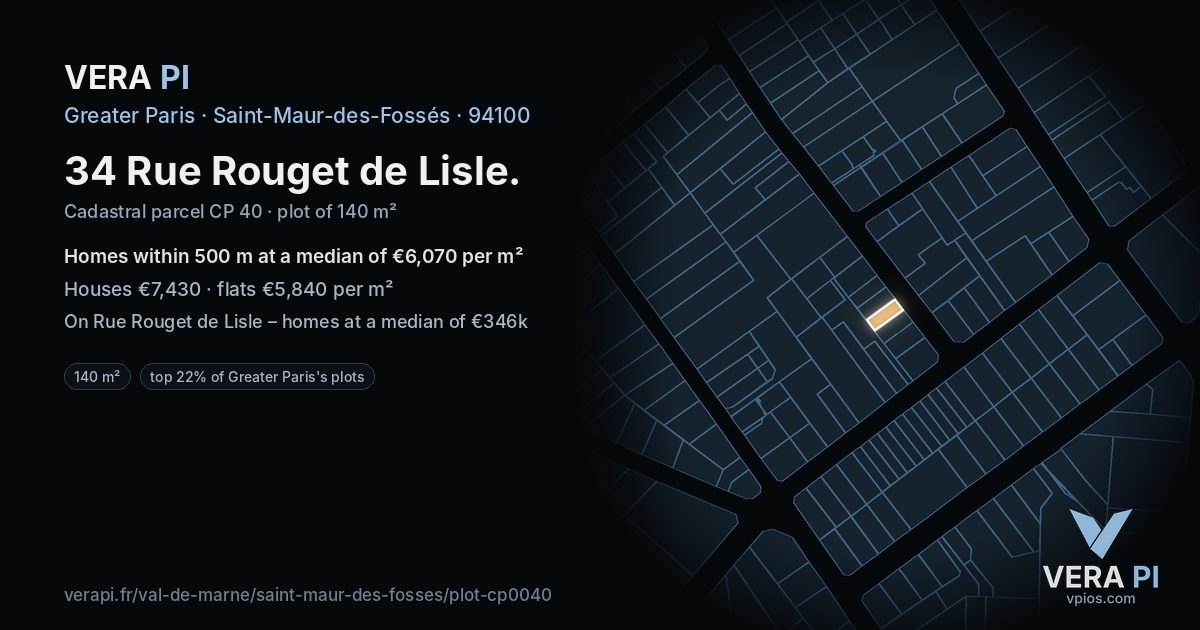 34 Rue Rouget de Lisle, Saint-Maur-des-Fossés at night – the plot lit, the parcels around coloured by the prices near them