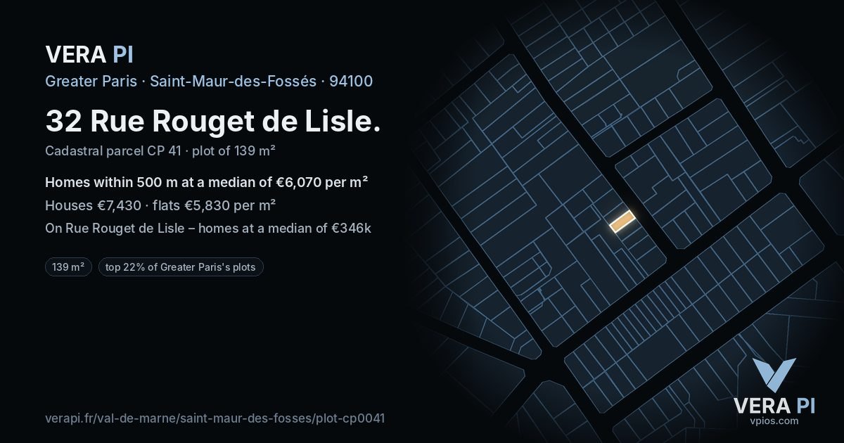 32 Rue Rouget de Lisle, Saint-Maur-des-Fossés at night – the plot lit, the parcels around coloured by the prices near them