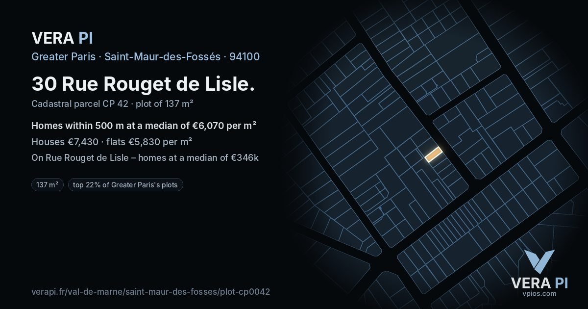 30 Rue Rouget de Lisle, Saint-Maur-des-Fossés at night – the plot lit, the parcels around coloured by the prices near them