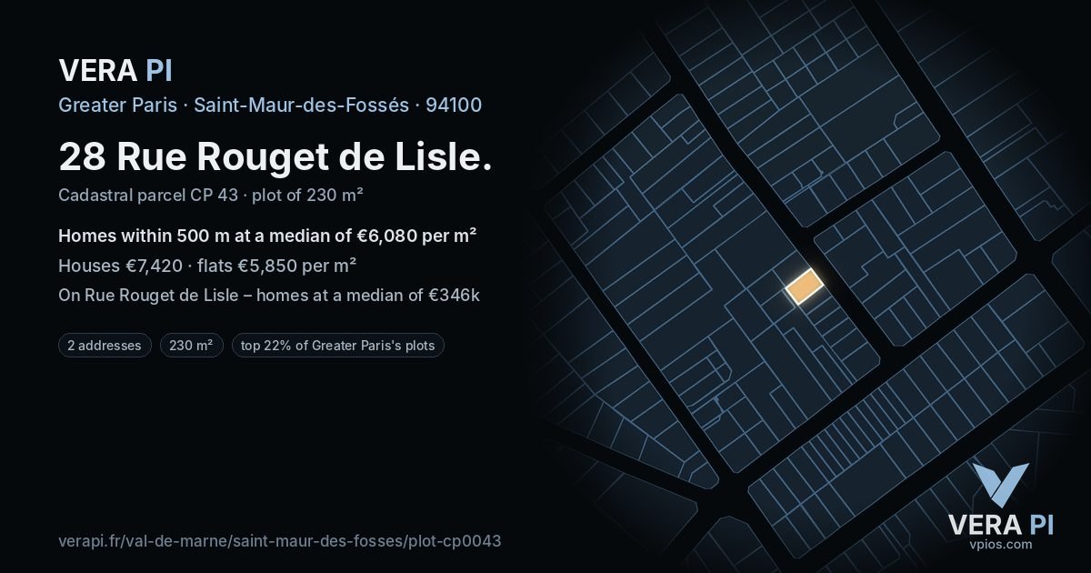 28 Rue Rouget de Lisle, Saint-Maur-des-Fossés at night – the plot lit, the parcels around coloured by the prices near them
