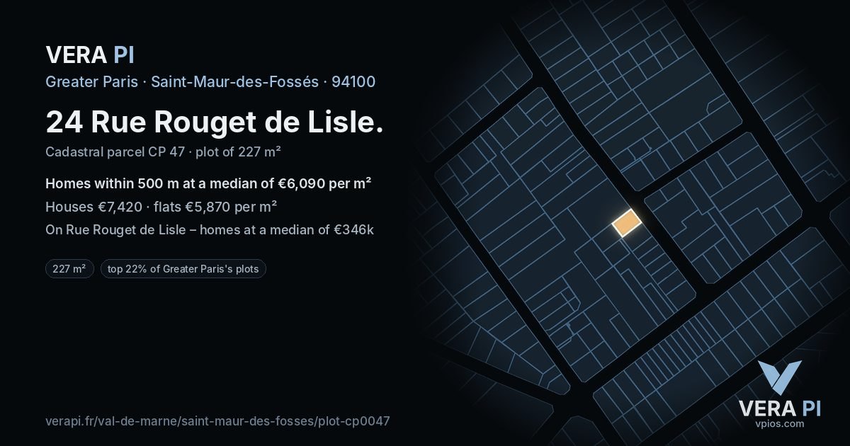 24 Rue Rouget de Lisle, Saint-Maur-des-Fossés at night – the plot lit, the parcels around coloured by the prices near them