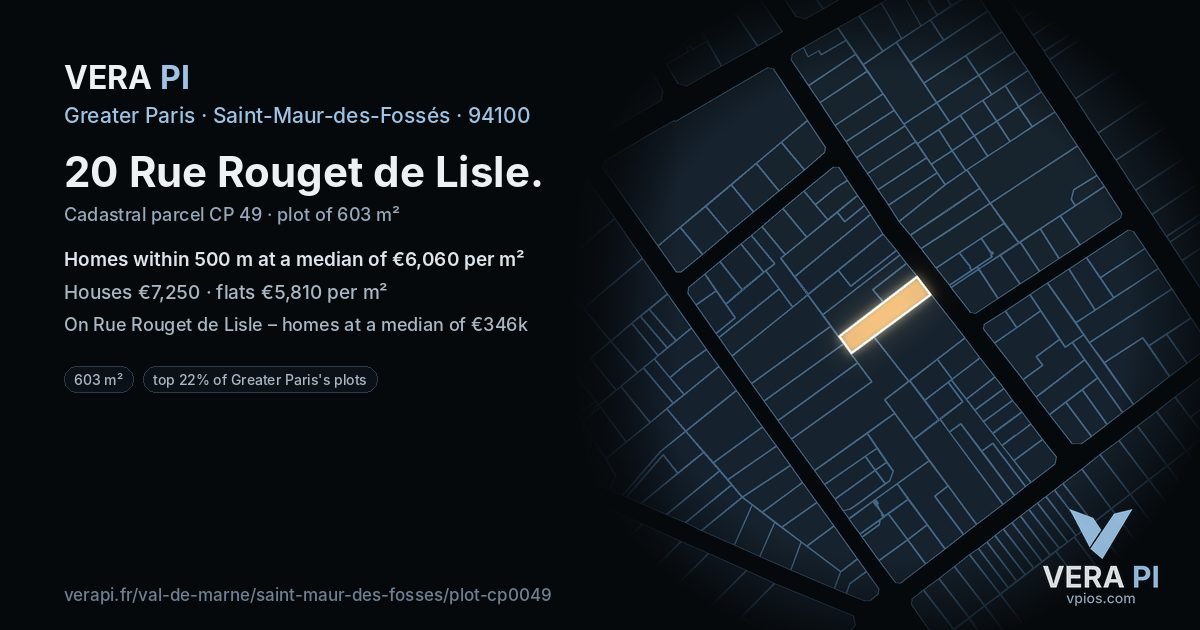 20 Rue Rouget de Lisle, Saint-Maur-des-Fossés at night – the plot lit, the parcels around coloured by the prices near them
