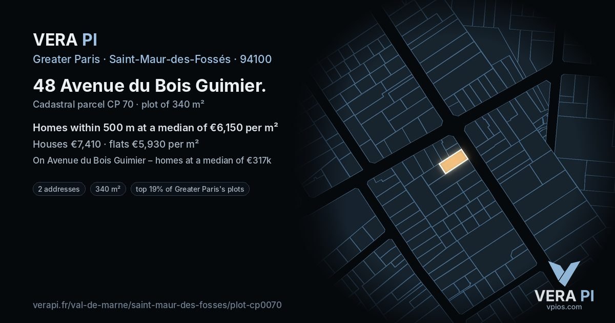 48 Avenue du Bois Guimier, Saint-Maur-des-Fossés at night – the plot lit, the parcels around coloured by the prices near them