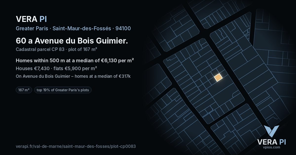 60 a Avenue du Bois Guimier, Saint-Maur-des-Fossés at night – the plot lit, the parcels around coloured by the prices near them