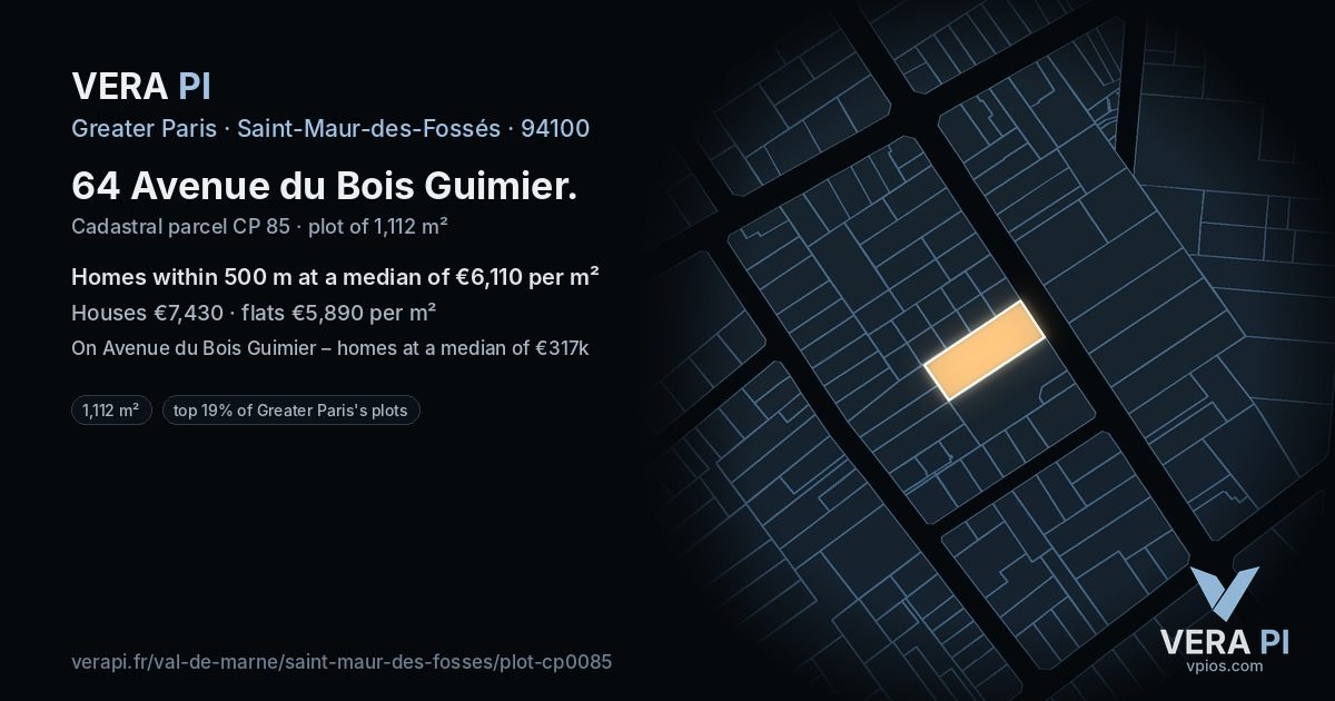 64 Avenue du Bois Guimier, Saint-Maur-des-Fossés at night – the plot lit, the parcels around coloured by the prices near them