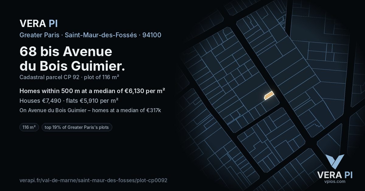 68 bis Avenue du Bois Guimier, Saint-Maur-des-Fossés at night – the plot lit, the parcels around coloured by the prices near them