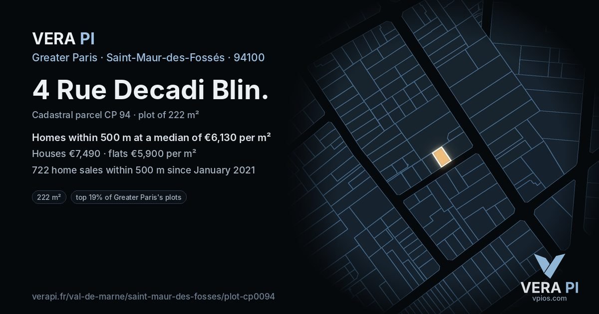 4 Rue Decadi Blin, Saint-Maur-des-Fossés at night – the plot lit, the parcels around coloured by the prices near them