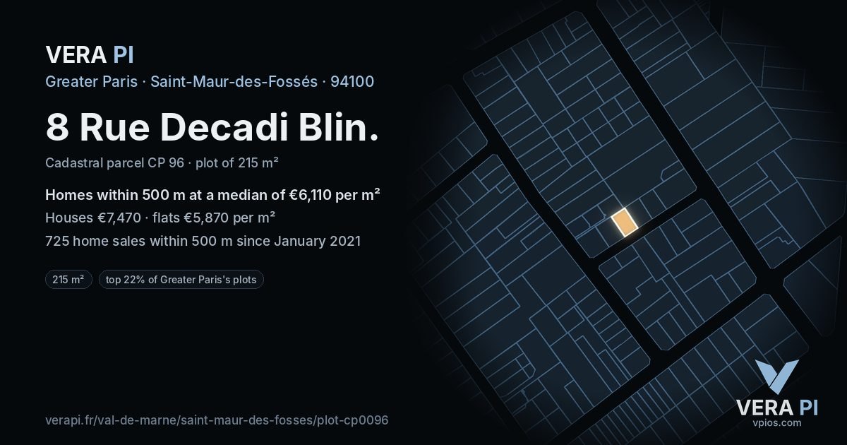 8 Rue Decadi Blin, Saint-Maur-des-Fossés at night – the plot lit, the parcels around coloured by the prices near them