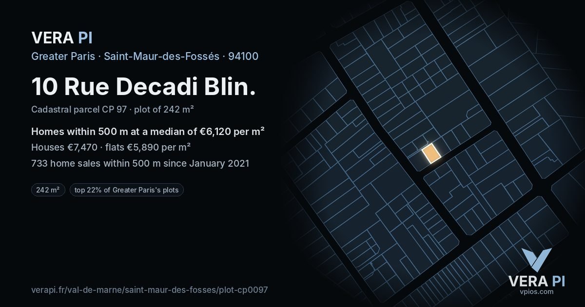 10 Rue Decadi Blin, Saint-Maur-des-Fossés at night – the plot lit, the parcels around coloured by the prices near them