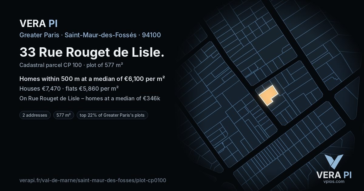 33 Rue Rouget de Lisle, Saint-Maur-des-Fossés at night – the plot lit, the parcels around coloured by the prices near them