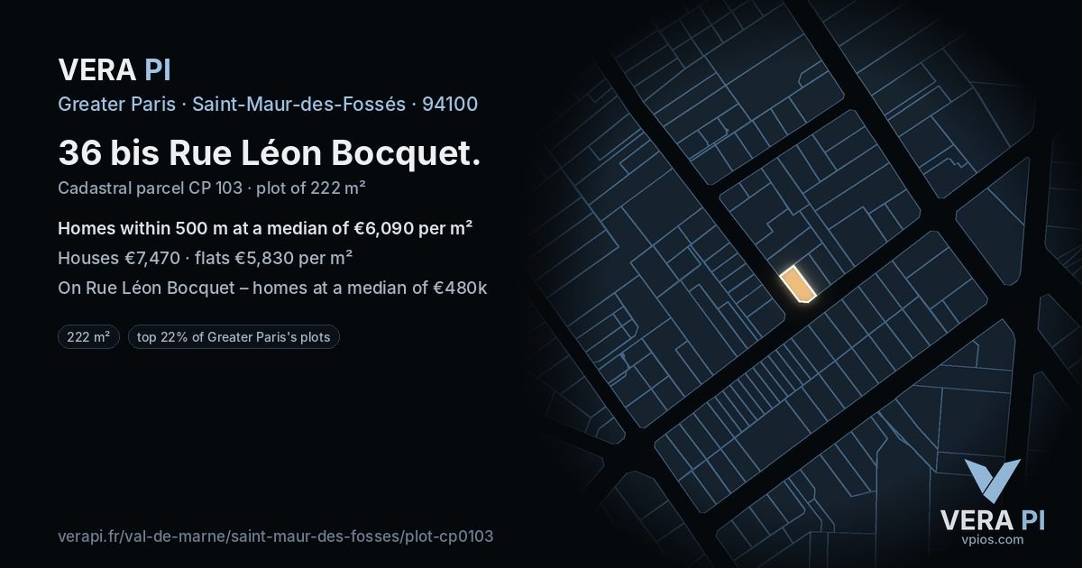 36 bis Rue Léon Bocquet, Saint-Maur-des-Fossés at night – the plot lit, the parcels around coloured by the prices near them