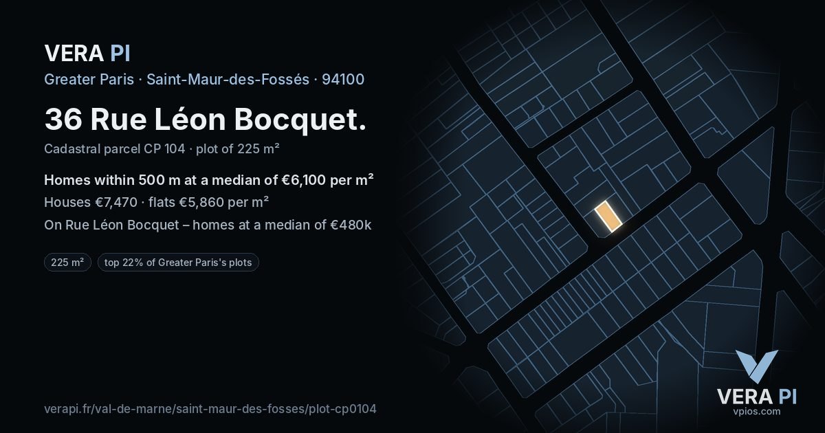 36 Rue Léon Bocquet, Saint-Maur-des-Fossés at night – the plot lit, the parcels around coloured by the prices near them