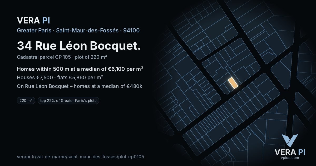 34 Rue Léon Bocquet, Saint-Maur-des-Fossés at night – the plot lit, the parcels around coloured by the prices near them