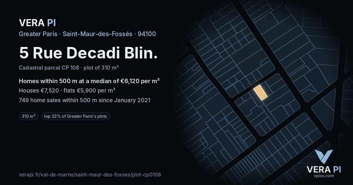 5 Rue Decadi Blin, Saint-Maur-des-Fossés at night – the plot lit, the parcels around coloured by the prices near them