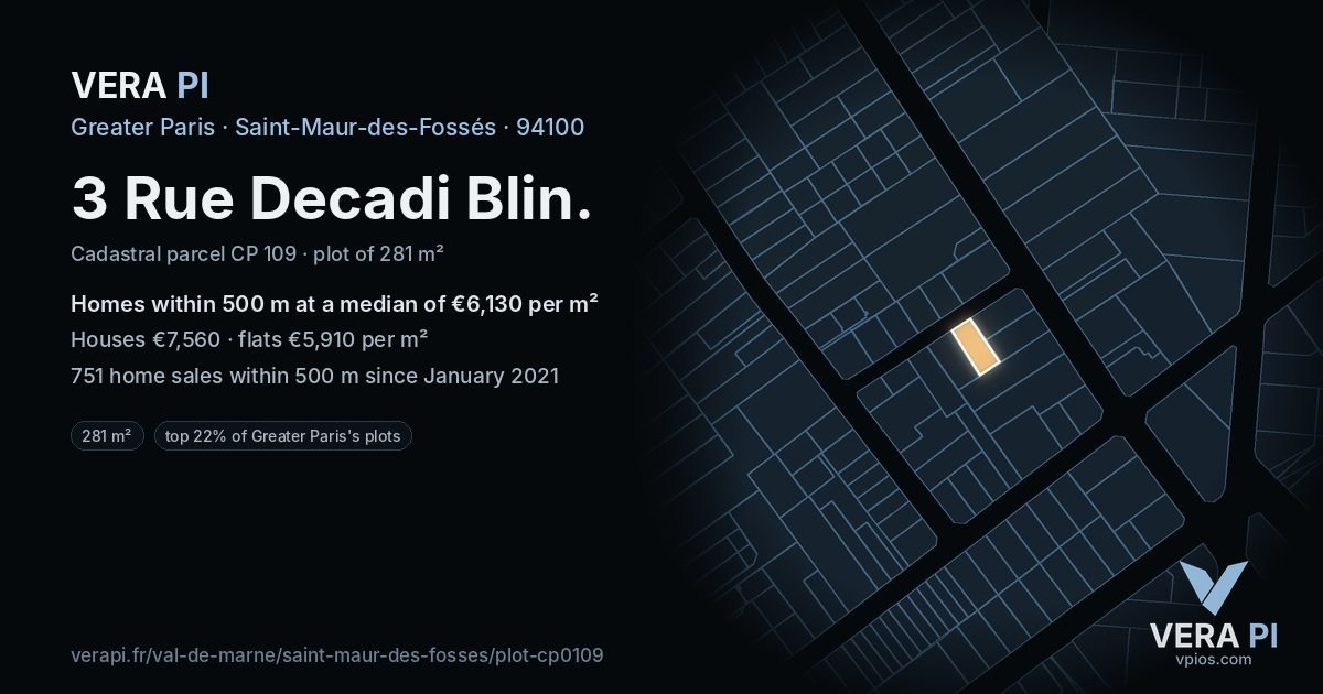3 Rue Decadi Blin, Saint-Maur-des-Fossés at night – the plot lit, the parcels around coloured by the prices near them
